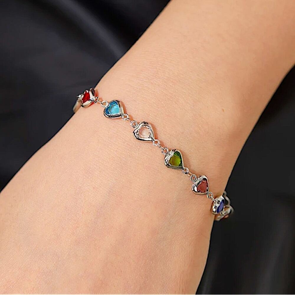 Heart Multicolor Zircon Sterling Silver Bracelet